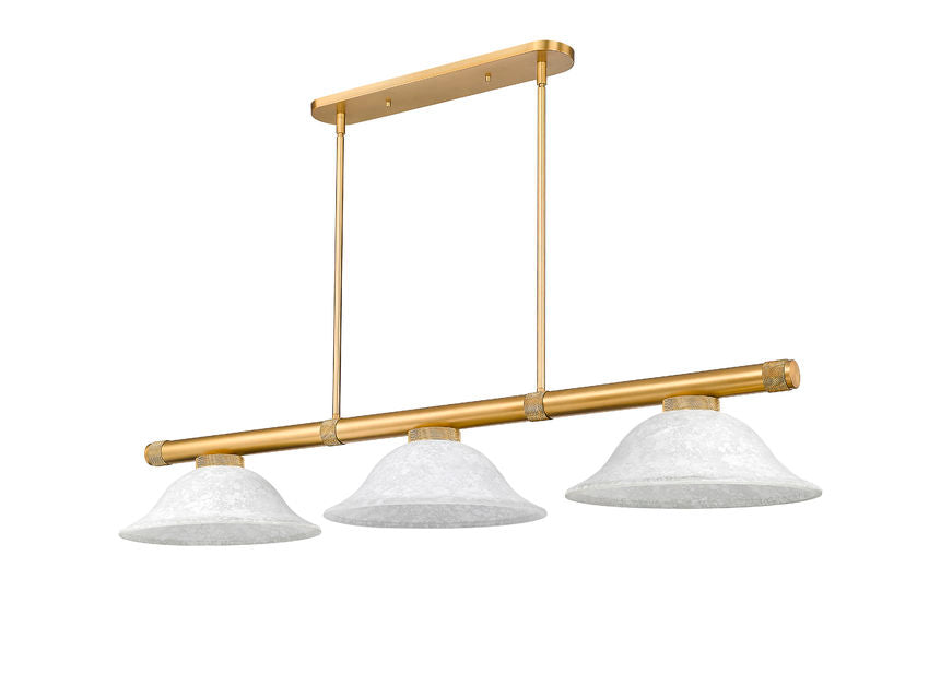 Z-Lite Vanguard 3050-3RB-WM16 59" 3-Light Rubbed Brass Steel and Aluminum White Mottle Glass Billiard Light