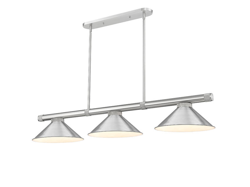 Z-Lite Vanguard 59" 3-Light Brushed Nickel Steel and Aluminum Frame Brushed Nickel Steel Shade Billiard Light