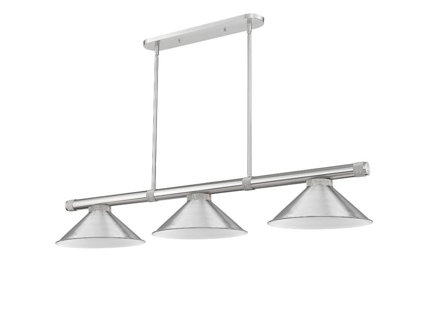 Z-Lite Vanguard 59" 3-Light Brushed Nickel Steel and Aluminum Frame Brushed Nickel Steel Shade Billiard Light