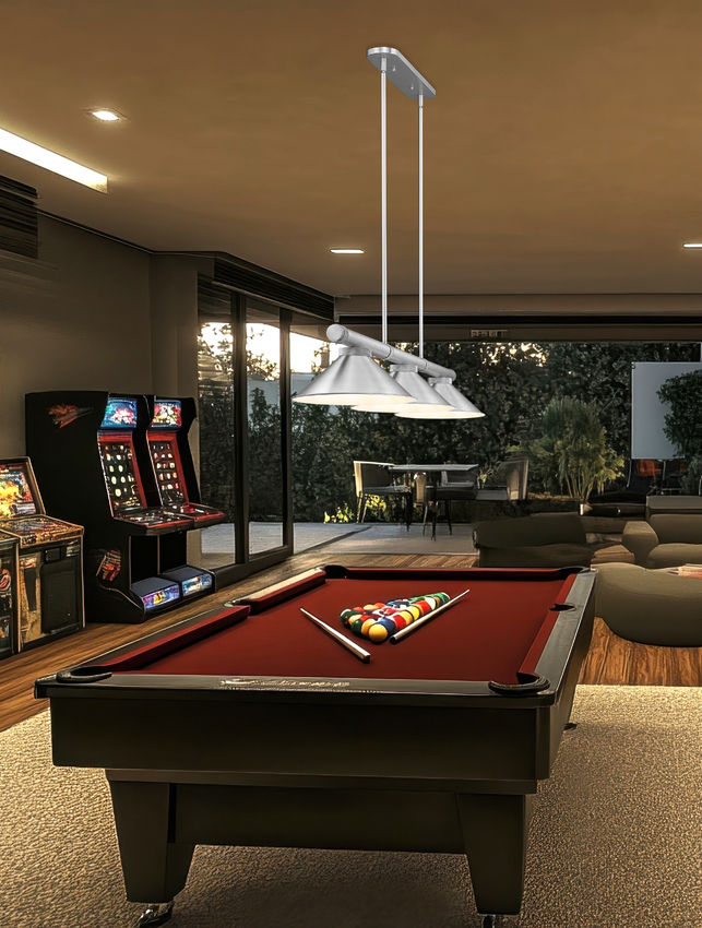 Z-Lite Vanguard 59" 3-Light Brushed Nickel Steel and Aluminum Frame Brushed Nickel Steel Shade Billiard Light