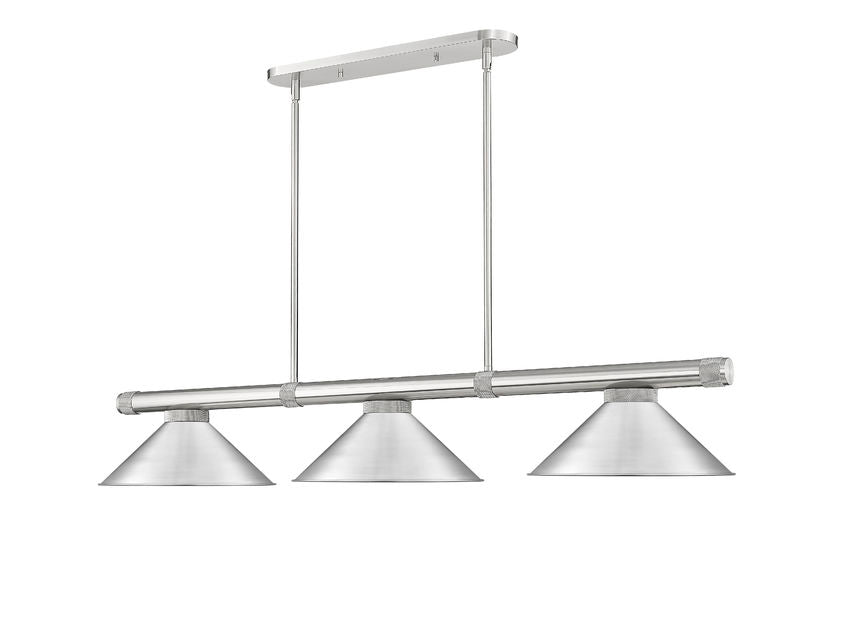 Z-Lite Vanguard 59" 3-Light Brushed Nickel Steel and Aluminum Frame Brushed Nickel Steel Shade Billiard Light