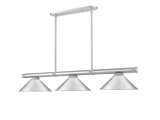Z-Lite Vanguard 59" 3-Light Brushed Nickel Steel and Aluminum Frame Brushed Nickel Steel Shade Billiard Light