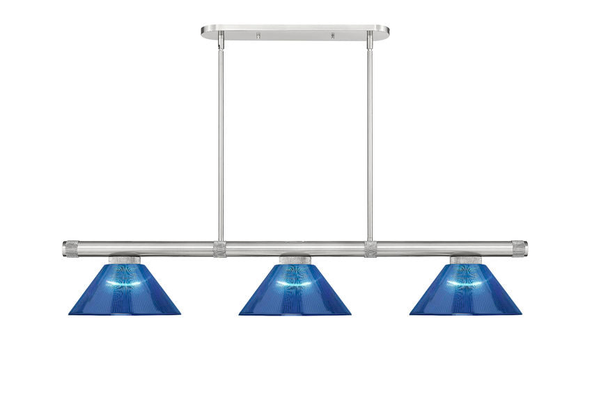 Z-Lite Vanguard 59" 3-Light Brushed Nickel Steel and Aluminum Frame Dark Blue Acrylic Shade Billiard Light