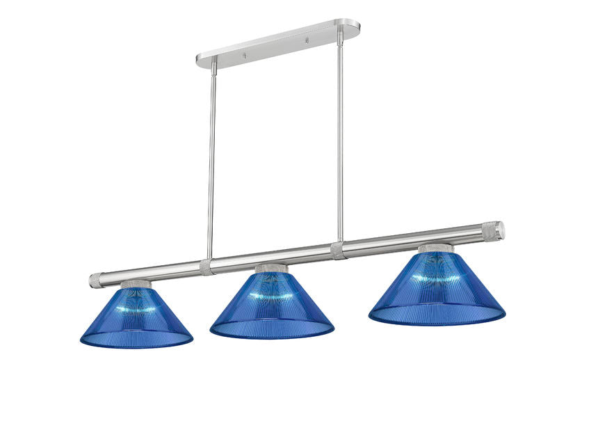 Z-Lite Vanguard 59" 3-Light Brushed Nickel Steel and Aluminum Frame Dark Blue Acrylic Shade Billiard Light