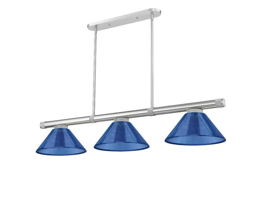 Z-Lite Vanguard 59" 3-Light Brushed Nickel Steel and Aluminum Frame Dark Blue Acrylic Shade Billiard Light