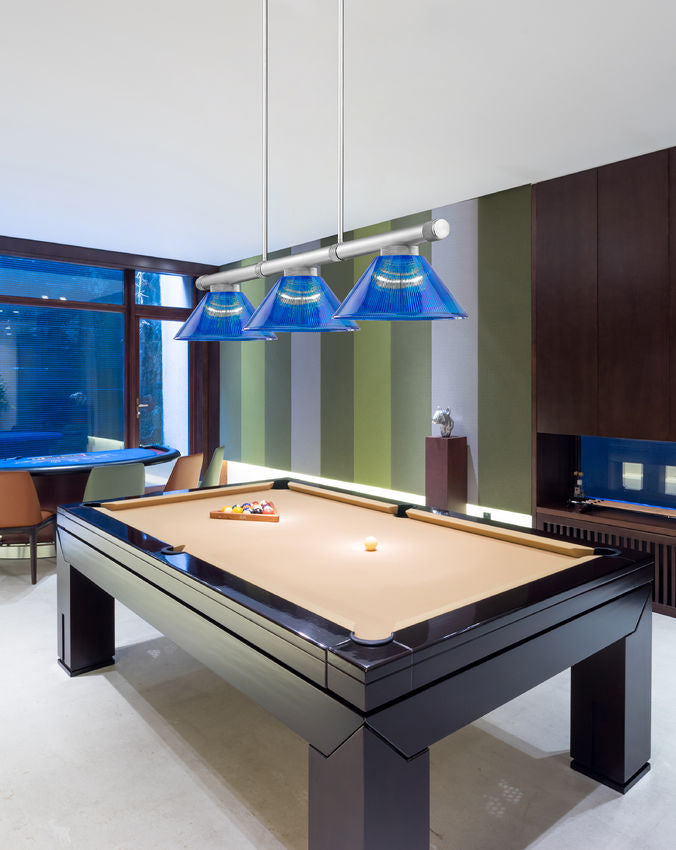 Z-Lite Vanguard 59" 3-Light Brushed Nickel Steel and Aluminum Frame Dark Blue Acrylic Shade Billiard Light