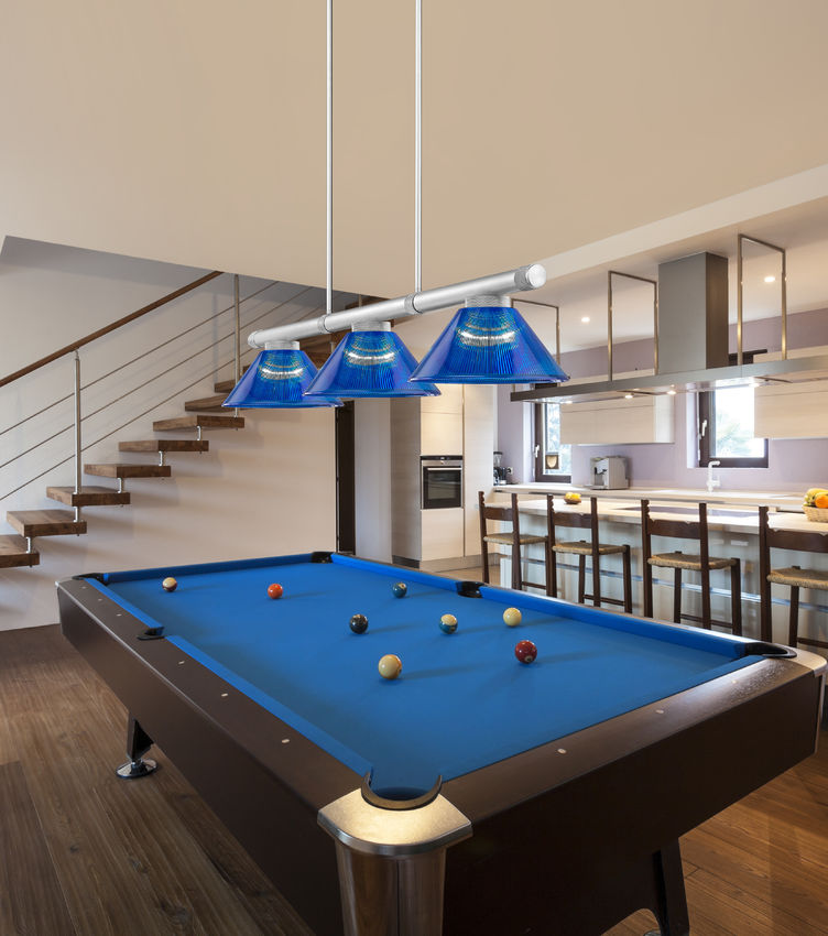 Z-Lite Vanguard 59" 3-Light Brushed Nickel Steel and Aluminum Frame Dark Blue Acrylic Shade Billiard Light