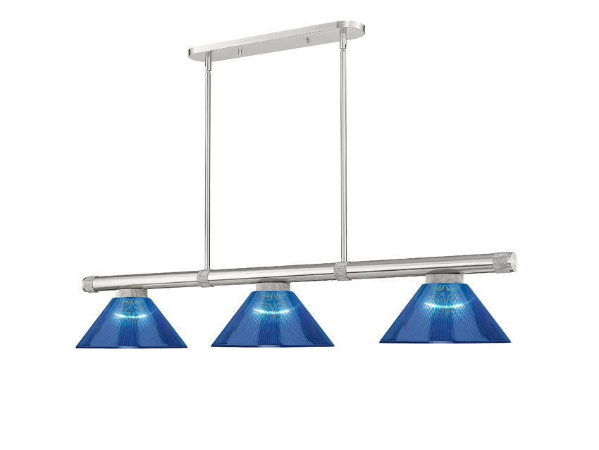 Z-Lite Vanguard 59" 3-Light Brushed Nickel Steel and Aluminum Frame Dark Blue Acrylic Shade Billiard Light