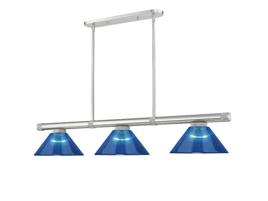 Z-Lite Vanguard 59" 3-Light Brushed Nickel Steel and Aluminum Frame Dark Blue Acrylic Shade Billiard Light