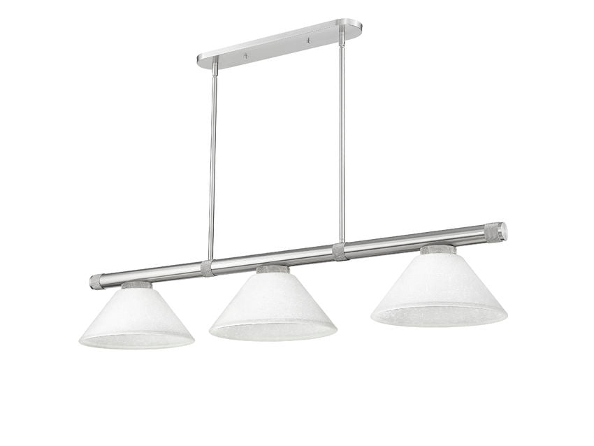 Z-Lite Vanguard 59" 3-Light Brushed Nickel Steel and Aluminum Frame White Linen Glass Shade Billiard Light