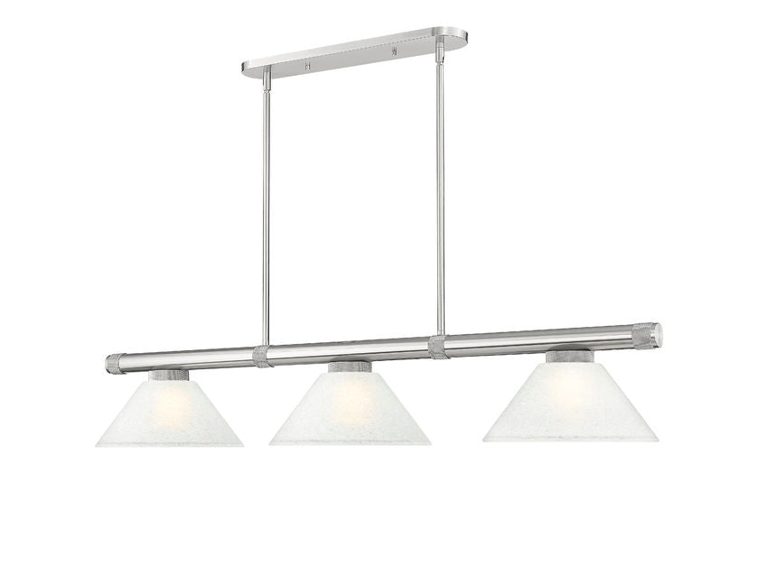 Z-Lite Vanguard 59" 3-Light Brushed Nickel Steel and Aluminum Frame White Linen Glass Shade Billiard Light