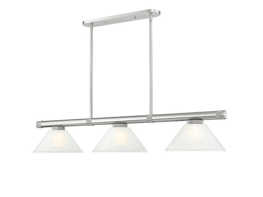 Z-Lite Vanguard 59" 3-Light Brushed Nickel Steel and Aluminum Frame White Linen Glass Shade Billiard Light