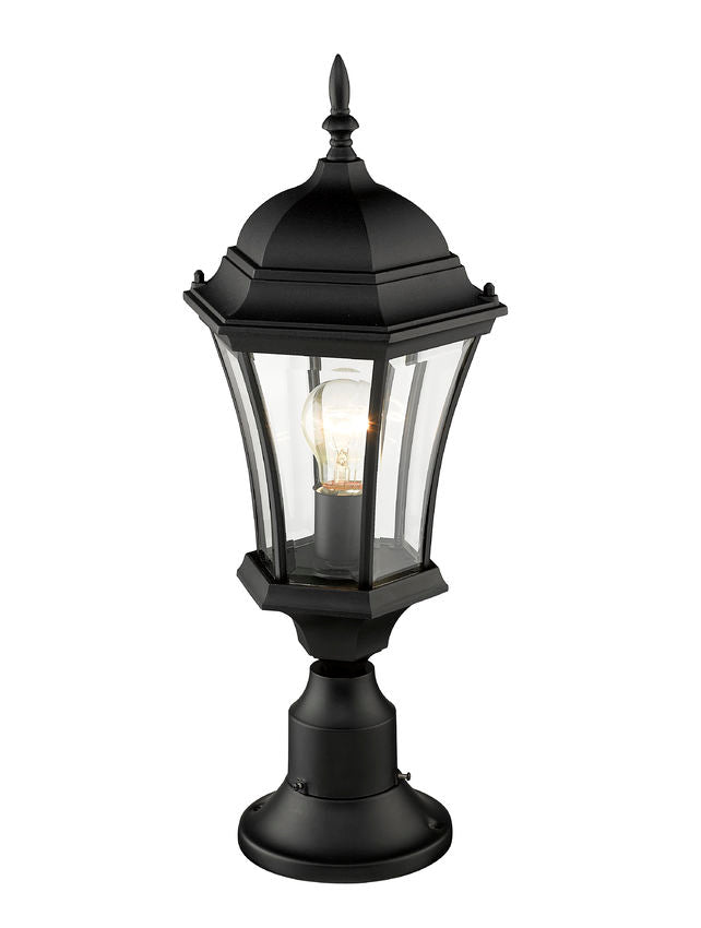 Z-Lite Wakefield 10" 1-Light Black Aluminum Outdoor Pier Mounted Fixture With Clear Beveled Glass Shade and Round Pier Mount Hardware