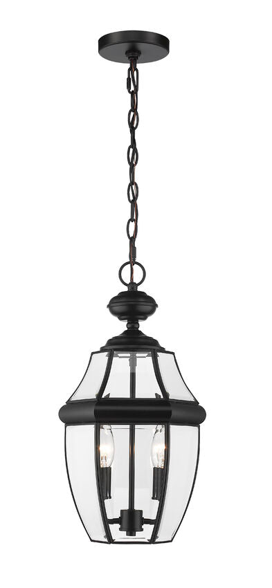 Z-Lite Westover 10" 2-Light Black Brass Outdoor Chain Mount Ceiling Fixture With Clear Beveled Glass Shade