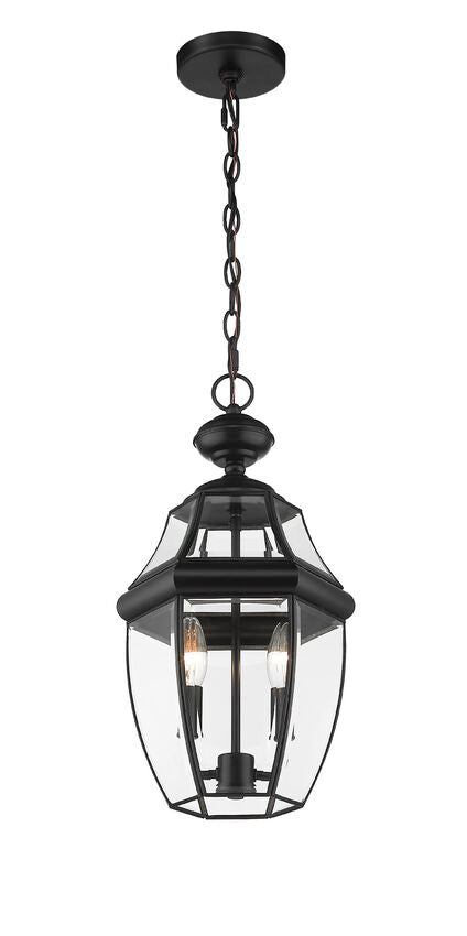 Z-Lite Westover 10" 2-Light Black Brass Outdoor Chain Mount Ceiling Fixture With Clear Beveled Glass Shade