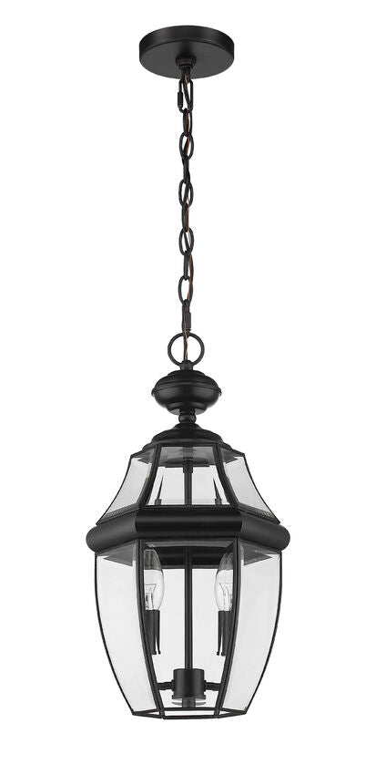 Z-Lite Westover 10" 2-Light Black Brass Outdoor Chain Mount Ceiling Fixture With Clear Beveled Glass Shade
