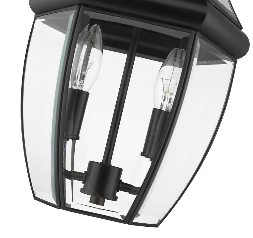 Z-Lite Westover 10" 2-Light Black Brass Outdoor Chain Mount Ceiling Fixture With Clear Beveled Glass Shade