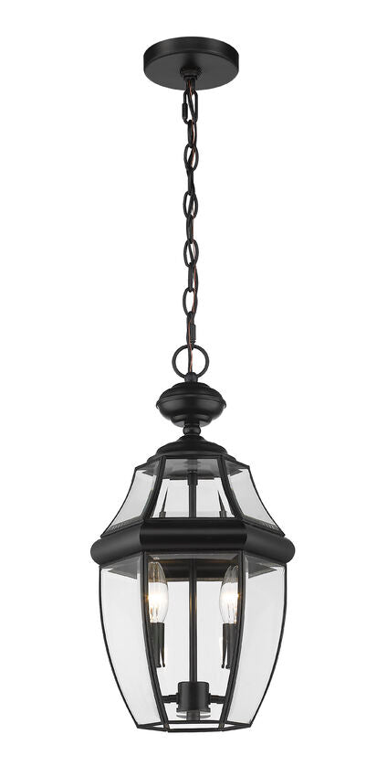 Z-Lite Westover 10" 2-Light Black Brass Outdoor Chain Mount Ceiling Fixture With Clear Beveled Glass Shade