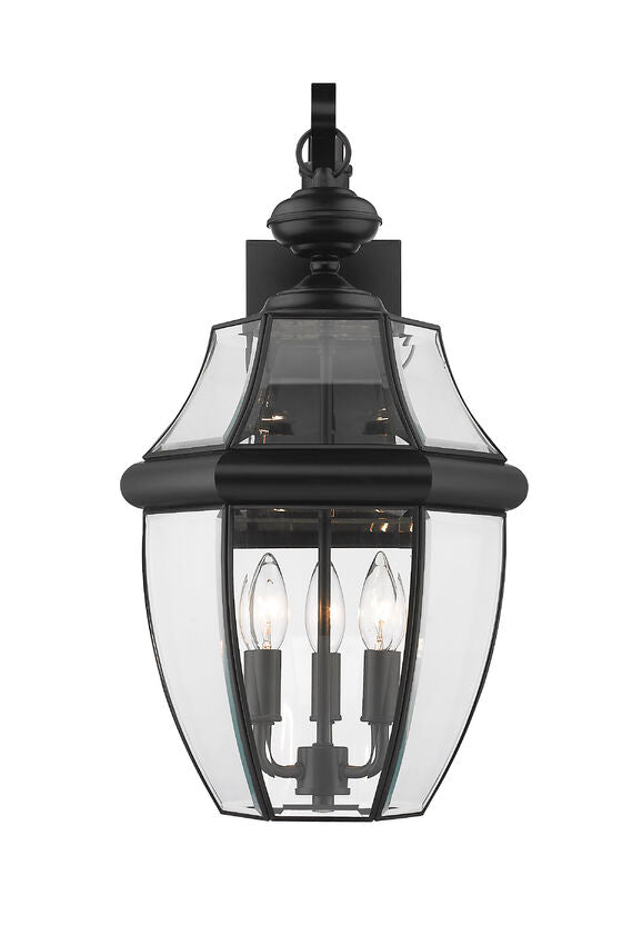 Z-Lite Westover 12" 3-Light Black Brass Outdoor Wall Sconce With Clear Beveled Glass Shade