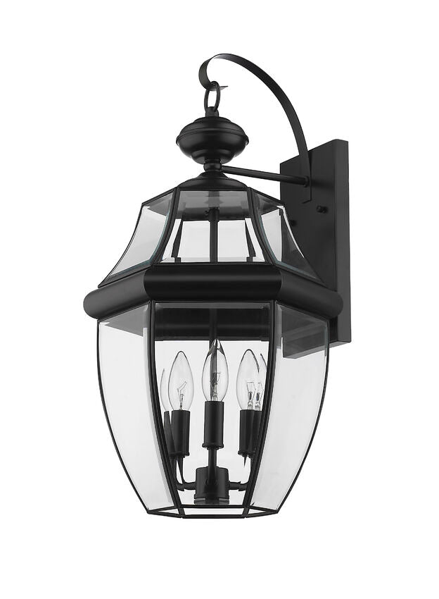 Z-Lite Westover 12" 3-Light Black Brass Outdoor Wall Sconce With Clear Beveled Glass Shade
