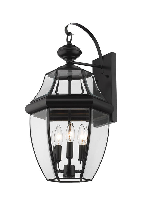 Z-Lite Westover 12" 3-Light Black Brass Outdoor Wall Sconce With Clear Beveled Glass Shade