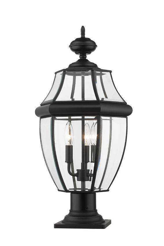 Z-Lite Westover 12" W x 22" H 3-Light Black Outdoor Pier Mounted Fixture and Square Pier Mount Hardware With Clear Beveled Glass Shade