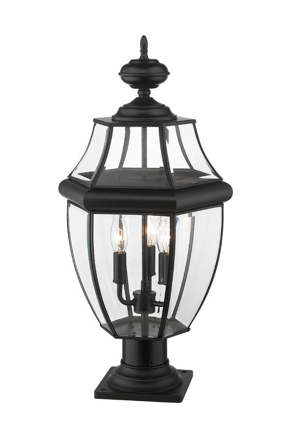 Z-Lite Westover 12" W x 22" H 3-Light Black Outdoor Pier Mounted Fixture and Square Pier Mount Hardware With Clear Beveled Glass Shade