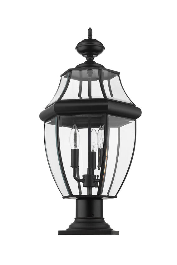 Z-Lite Westover 12" W x 22" H 3-Light Black Outdoor Pier Mounted Fixture and Square Pier Mount Hardware With Clear Beveled Glass Shade