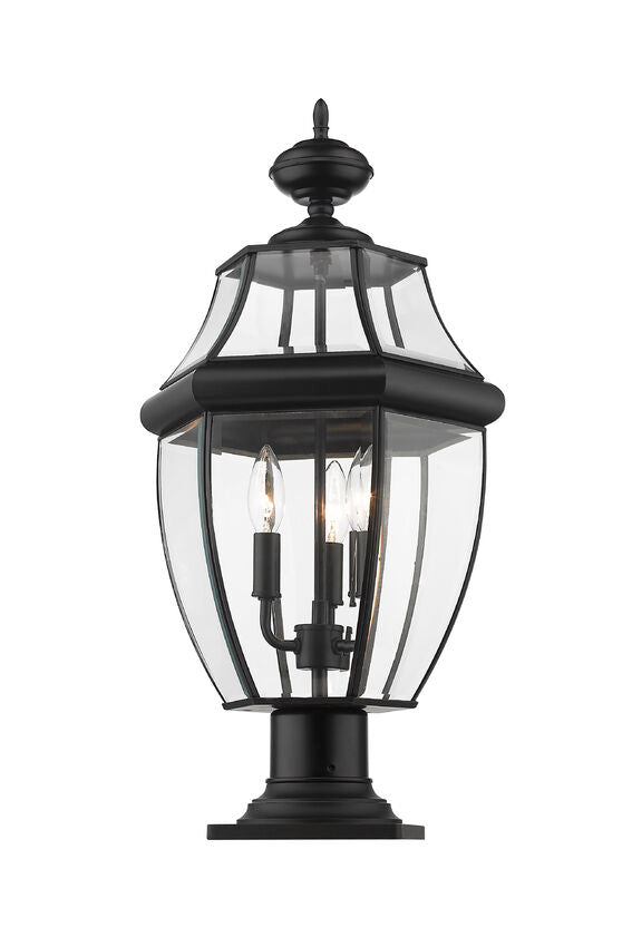 Z-Lite Westover 12" W x 22" H 3-Light Black Outdoor Pier Mounted Fixture and Square Pier Mount Hardware With Clear Beveled Glass Shade