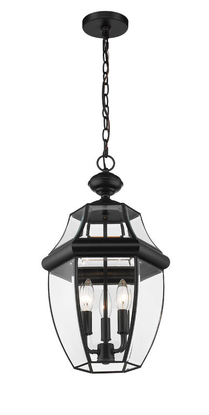 Z-Lite Westover 13" 3-Light Black Brass Outdoor Chain Mount Ceiling Fixture With Clear Beveled Glass Shade