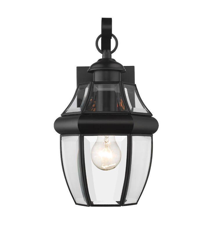 Z-Lite Westover 8" 1-Light Black Brass Outdoor Wall Sconce With Clear Beveled Glass Shade