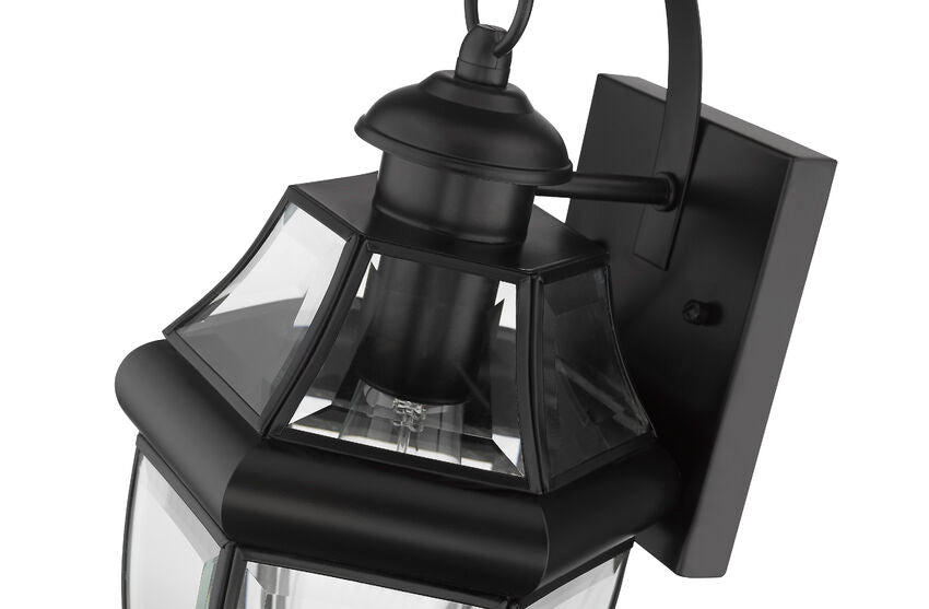 Z-Lite Westover 8" 1-Light Black Brass Outdoor Wall Sconce With Clear Beveled Glass Shade