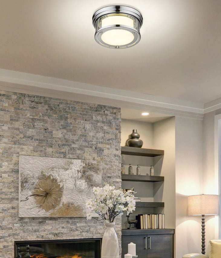 Z-Lite Willow 12" 2-Light Chrome Flush Mount Lighting With Clear and Matte Opal Glass Shade