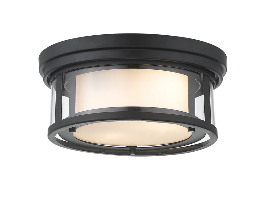 Z-Lite Willow 12" 2-Light Matte Black Flush Mount Lighting With Clear and Matte Opal Glass Shade