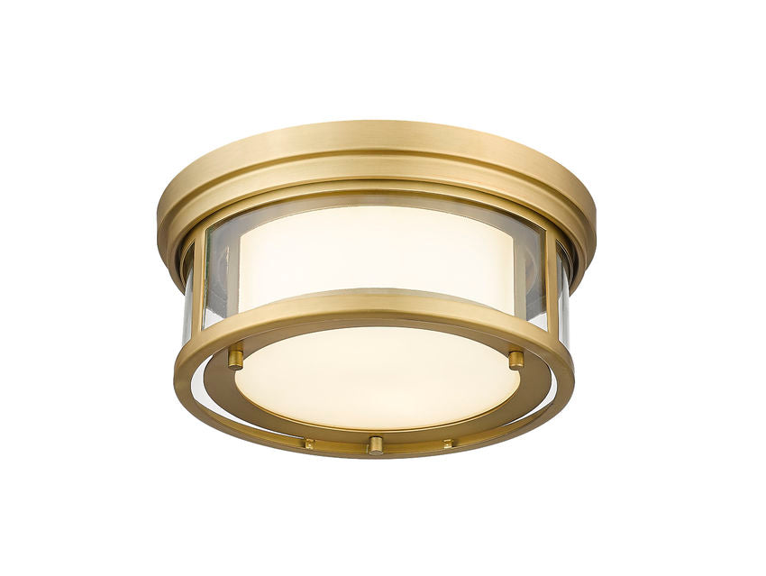 Z-Lite Willow 12" 2-Light Olde Brass Flush Mount Lighting With Clear and Matte Opal Glass Shade