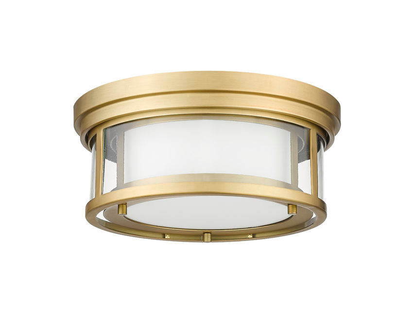 Z-Lite Willow 12" 2-Light Olde Brass Flush Mount Lighting With Clear and Matte Opal Glass Shade