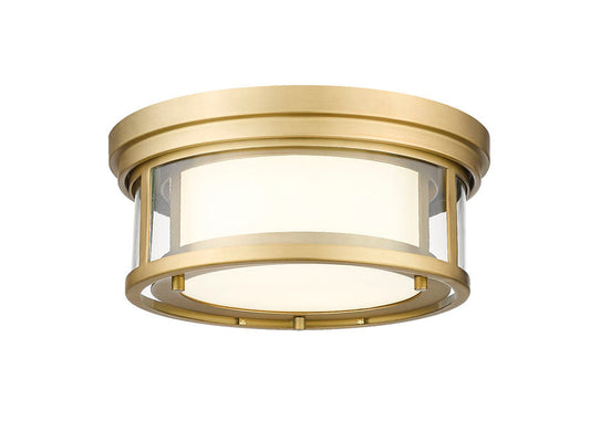 Z-Lite Willow 12" 2-Light Olde Brass Flush Mount Lighting With Clear and Matte Opal Glass Shade