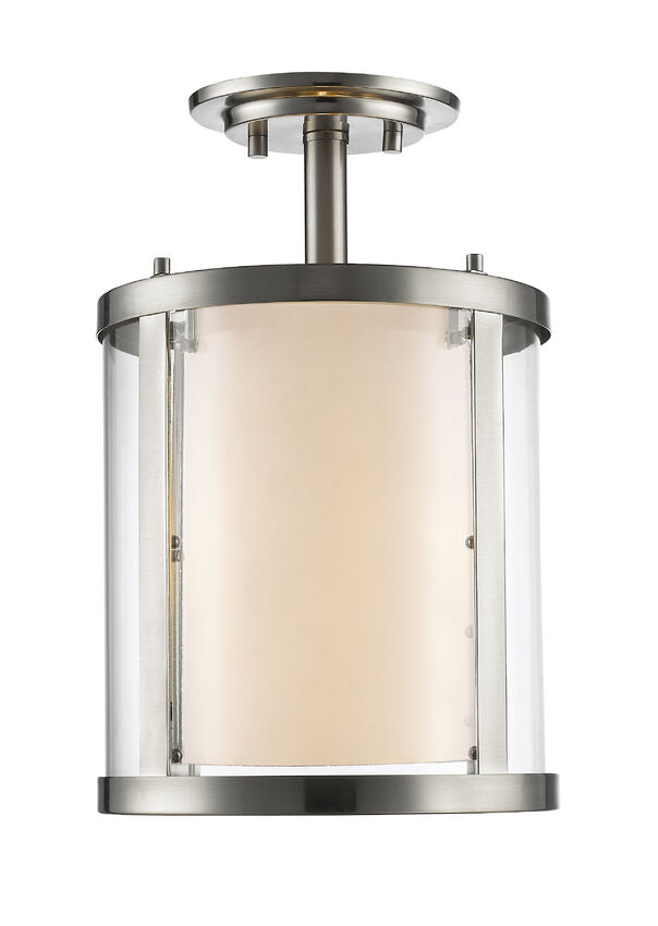 Z-Lite Willow 9" 3-Light Brushed Nickel Steel Semi Flush Mount With Clear and Matte Opal Glass Shade