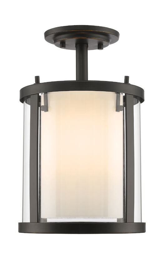 Z-Lite Willow 9" 3-Light Olde Bronze Steel Semi Flush Mount With Clear and Matte Opal Glass Shade