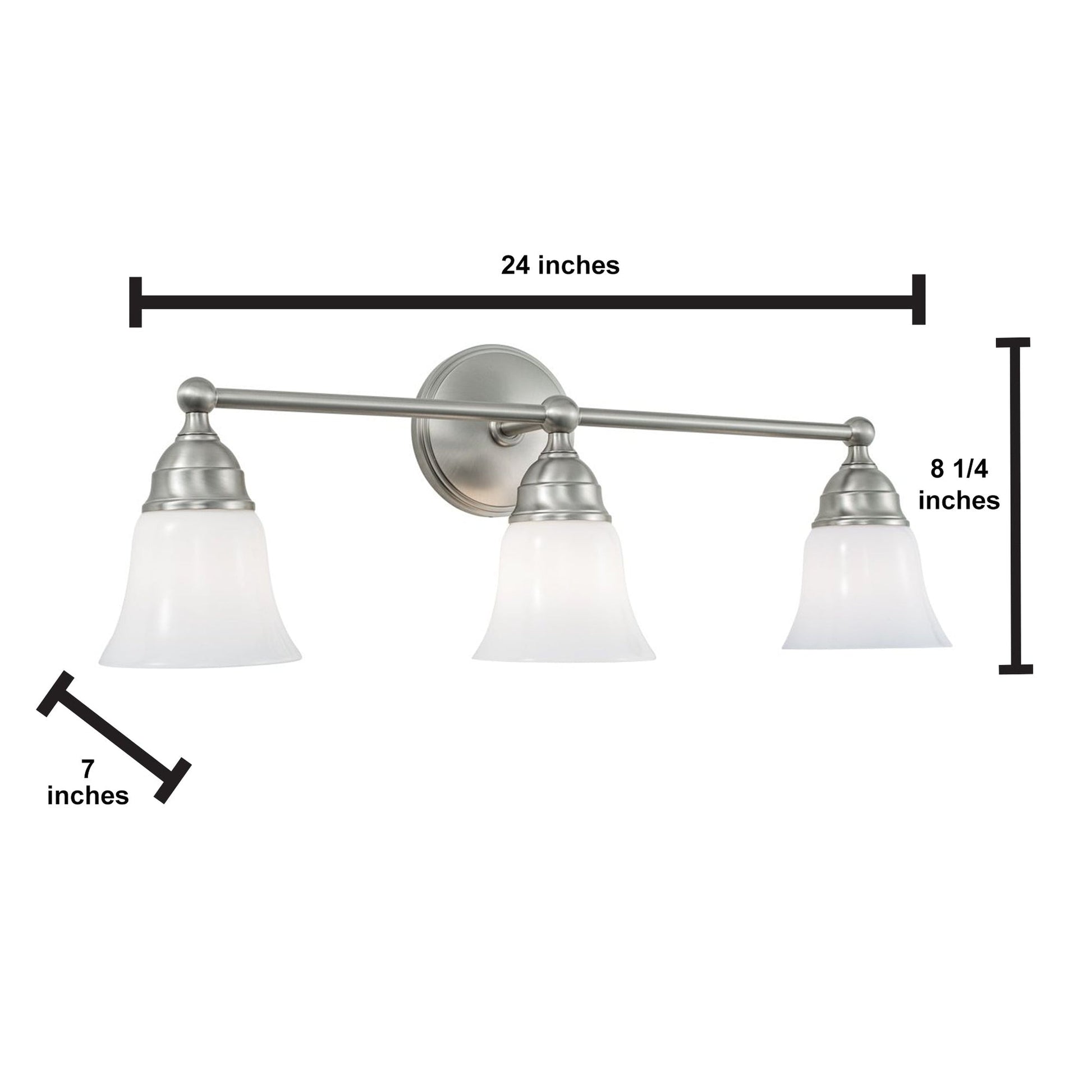 Norwell Lighting Sophie 8" x 24" 3-Light Sconce Chrome Vanity Light With Bell Shiny Opal Glass Diffuser